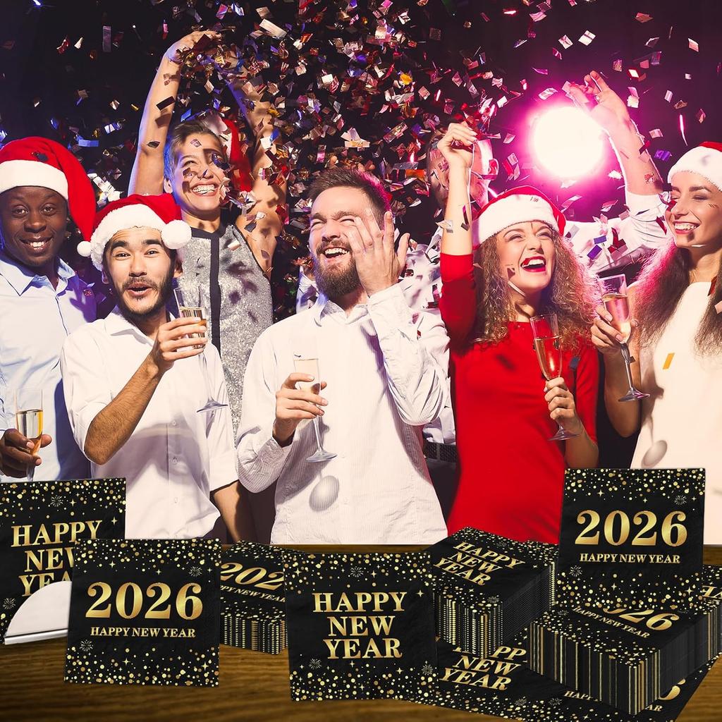 48Pcs Black and Gold New Years Napk Paper, Polka Dot New Years Eve Party Supplies 2026 Black and Gold Napk Nye Decorations for Holiday Birthday