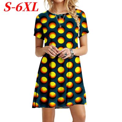 S-6XL Plus Size 3D Circle Print Dress Women Vision Art Fashion Ladies Dresses Summer Casual Short Sleeve Loose A-Line Dress