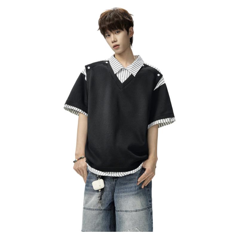 Foss Phil Men's Summer Loose Fit Short Sleeve Polo Shirt Fake Two-Piece Shirt Collar T-Shirt