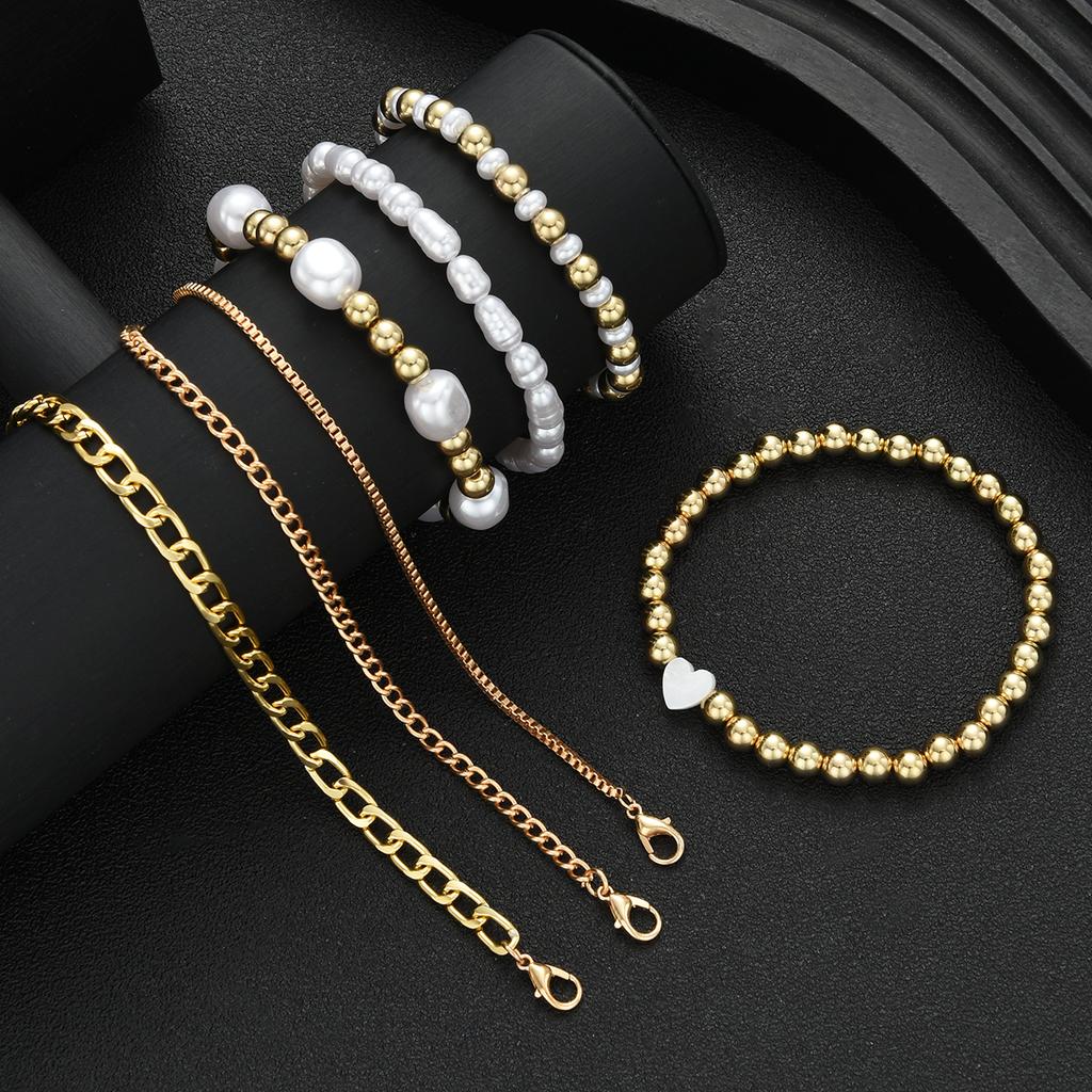 7pcs Vintage Elegant Boho Beaded Bracelet Set for Women Simple Gold Color Faux Pearl Heart Personalized Bracelets Dating Jewelry