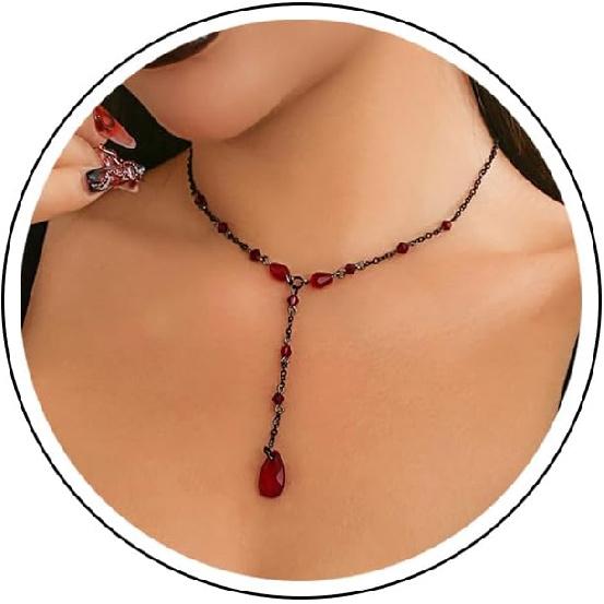 Gothic Red Black Necklace for Women,Goth Choker Vampire Blood Drop Necklace,Punk Black Red Crystal Bead Dark Teardrop Y Necklaces Halloween Jewelry