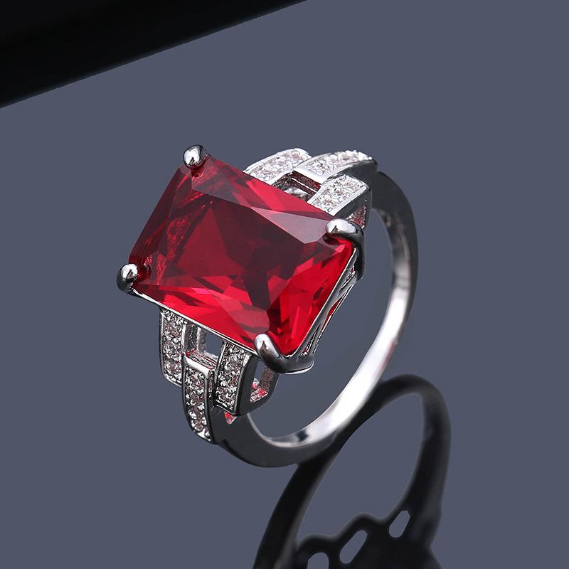 Korean Elegant Rectangular Crystal Copper Ring with Micro-Pave Diamonds - Fashionable and Simple Design for Women.