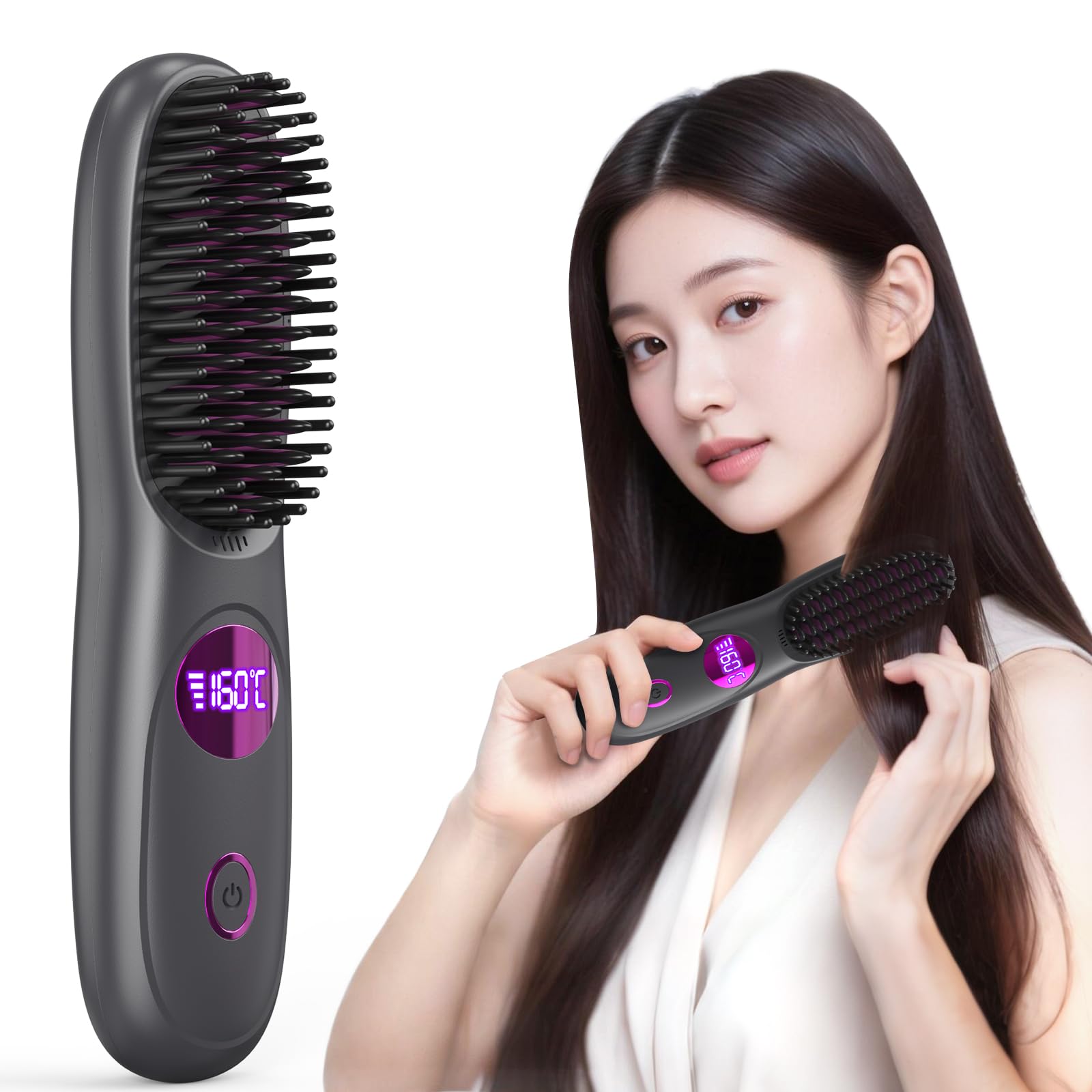 

BlueCrest Cordless Heated Hair Iron, Mini Straightening Brush, Negative Ion, Type-C Rechargeable, 160-200℃ 3-Stage Temperature Adjustment, Ceramic Coa