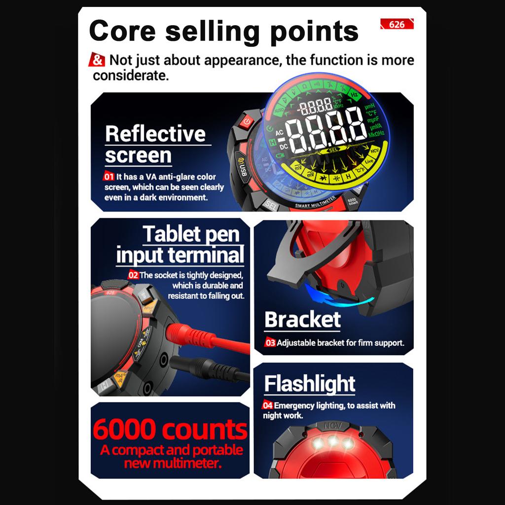 Digital Multimeter, 6000 Counts NCV Voltage Tester with VA Backlit LCD, Data Hold, Flashlight, Live Wire Detection,
