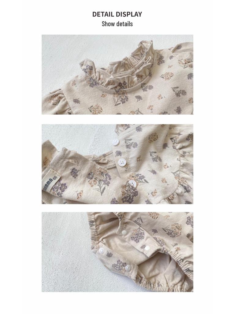 2026 Tavaszi Retro Virágos Baba Jumpsuit fodros gallérral és patentos aljjal - Aranyos Kislánykák Mászó Body