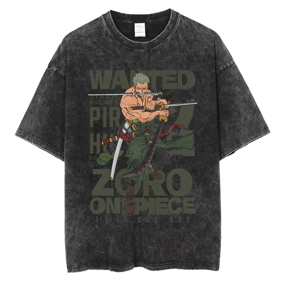 Luffy ONE PIECE Anime Harajuku Vintage Washed Retro Tshirt Cotton Mens Streetwear Womens Shortsleeved Unisex Top
