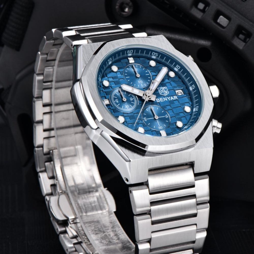 Benyar Multifunctional Men's Quartz Watch Stainless Steel Strap Alloy Case Chronometer 30M Waterproof Luminous Wristwatch