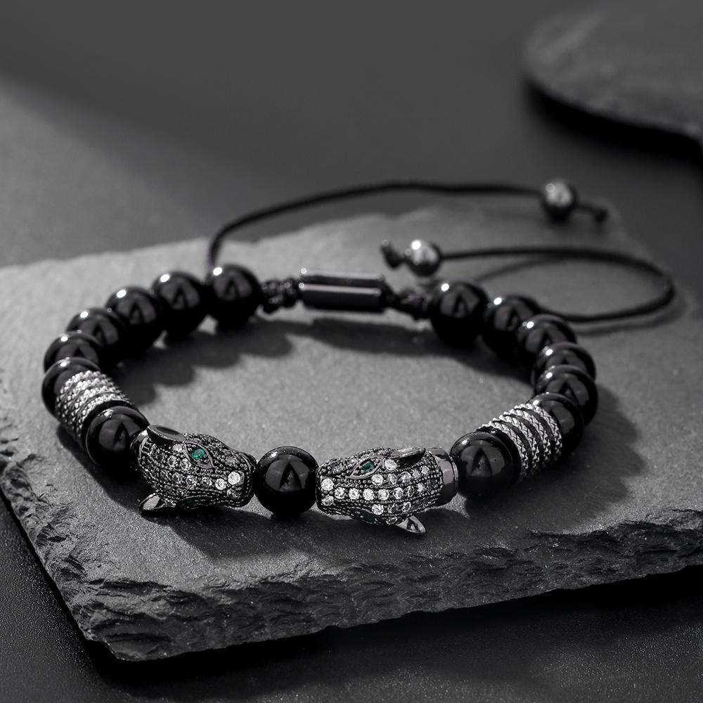 A men's handmade beaded braided bracelet, leopard head vintage jewelry suitable for men's daily wear
