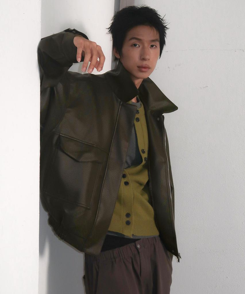 PLACESTUDIOMAN Veste Blouson Oversize Vintage à Grande Poche, Col Simple, Standard, Deux Sens, en Cuir_2 Couleurs