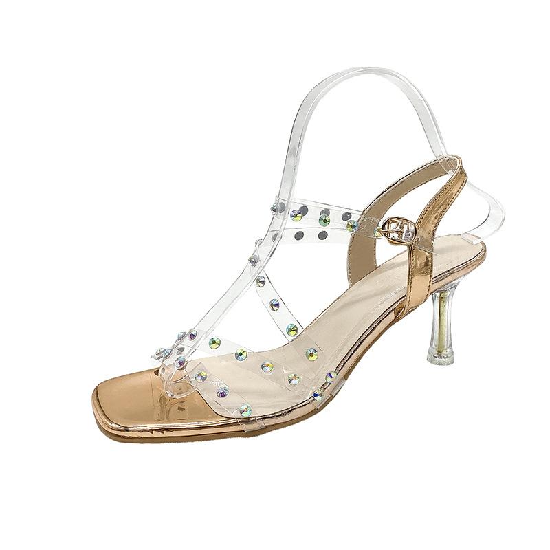 Fashion Women's Thin-heeled Sandals 2025 Summer New High-heeled Women's Sandals Champagne Color French Rhinestone Sandals for Women