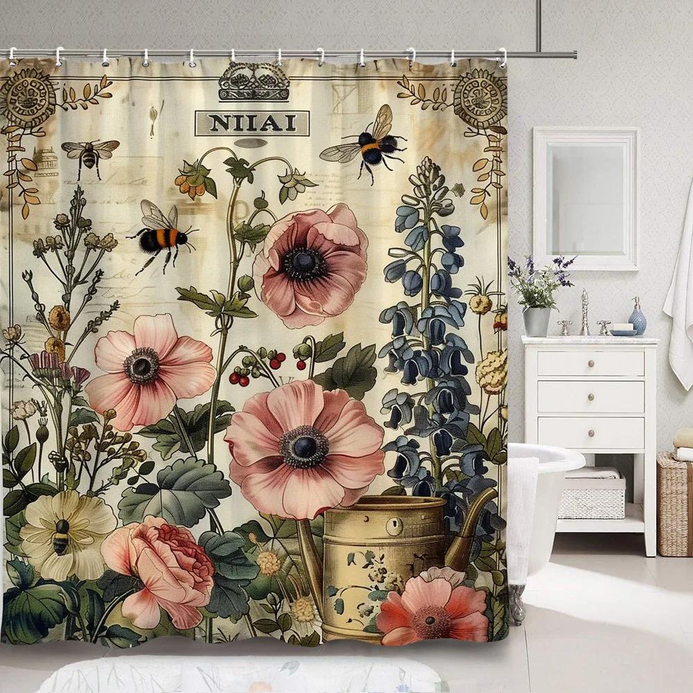 Vintage Floral Shower Curtain Rustic Country Farm Botanical Flower Bee Polyester Fabric Shower Curtain Bathroom Decor With Hooks