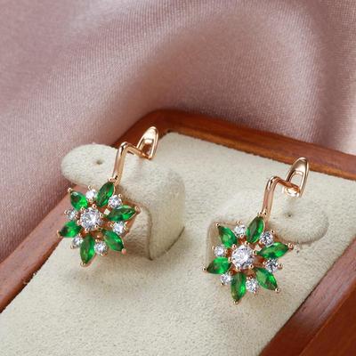 Green White Zircon Flower Dangle Earrings Women Temperament Party Jewelry