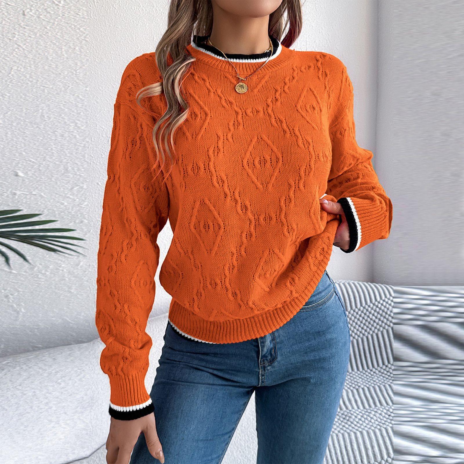 

Женский свободный контрастный цвет круглый вырез вязаный свитер длинный рукав пуловер топ XL оранжевый