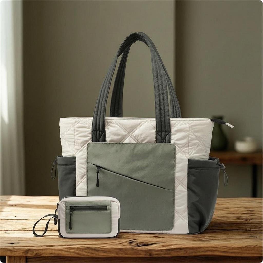 Quilted Tote with Pouch MultiCompartment Bag Spacious for Commuters, Students,