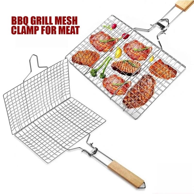 Rete per Griglia Barbecue Pieghevole Per Hamburger Barbecue Solida Placcatura Ferrolettrica Manico in Legno Resistente al Calore Per Barbecue all'Aperto
