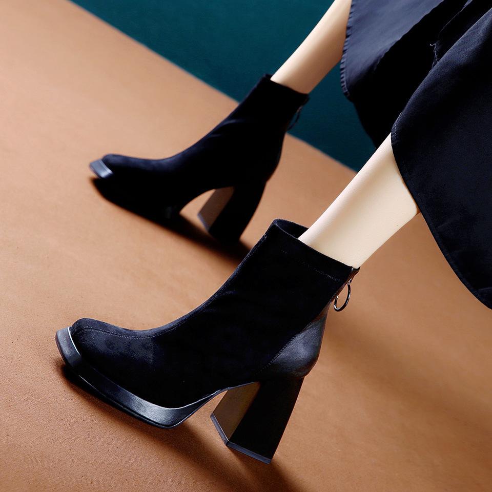 Temperament square head high heels Martin boots women's autumn and winter British wind waterproof table not tired feet thick heel short boots