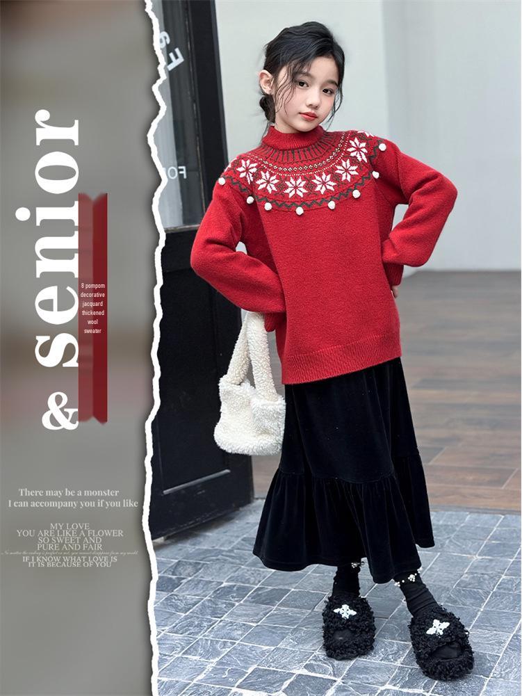 Girls' Retro Jacquard Knit Sweater - Round Neck, Long Sleeves, Autumn/Winter 2025 Collection