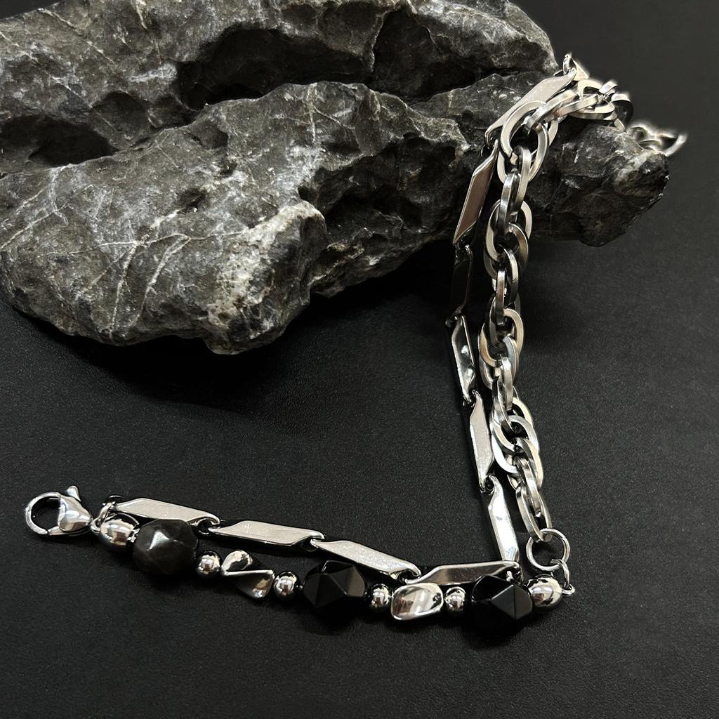 Obsidian Splicing Beaded Bracelet for Men Stainless Steel Unisex Versatile Hand Chain Cold Tone Personality Hip Hop Vintage Gift