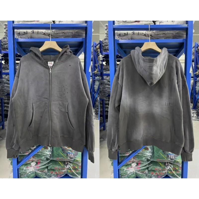 Vintage West Coast Hooded Zip-Up Sweatshirt With Sanskrit Script Print Relaxed Fit Cotton Pullover Men
