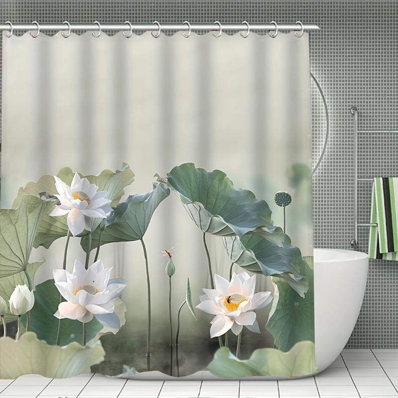 Luxury White Lotus Shower Curtain Set With 12 Free Hooks: Includes A Waterproof Curtain, Non-Slip Bath Mat, Toilet Seat Cover, A