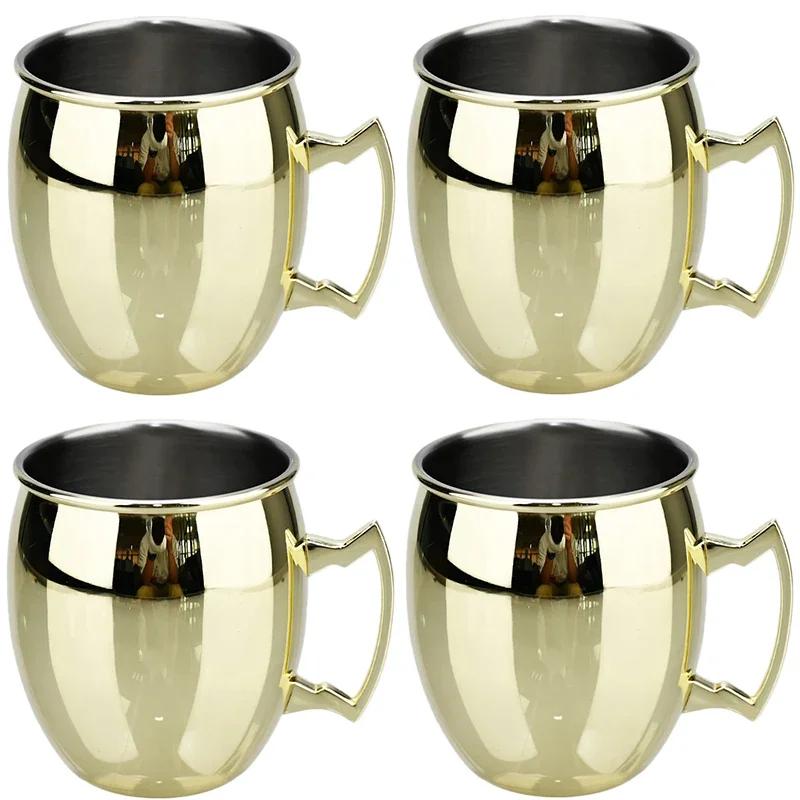 4Pcs Creative Stainless Steel Hammered Point Cocktail Mug Non-Slip with Gold Handle Drum Mug for Home and Bar Drinking Mule Mugs