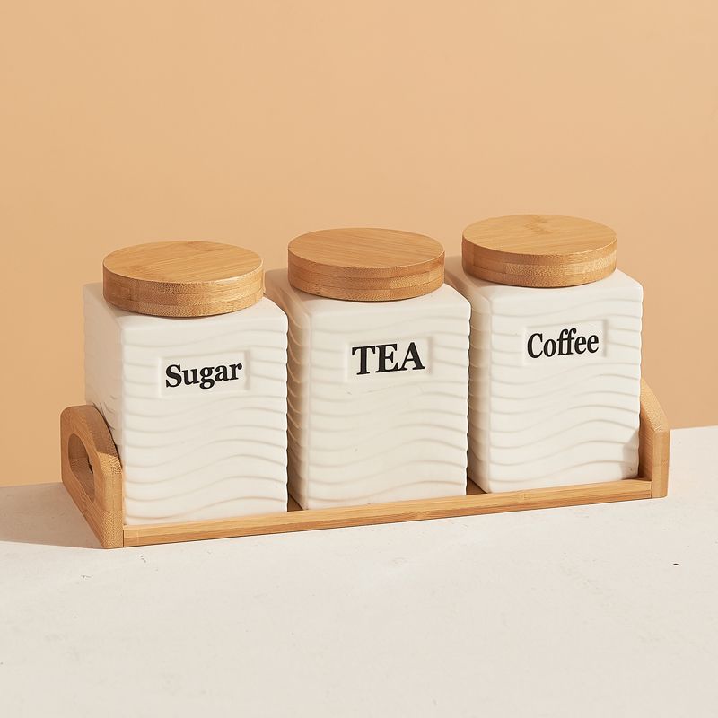 3PCS Ceramic Storage Jars Set with Bamboo Lid for Coffee Sugar Tea - Kitchen Airtight Canisters & Organizers - Home Baking Suppl