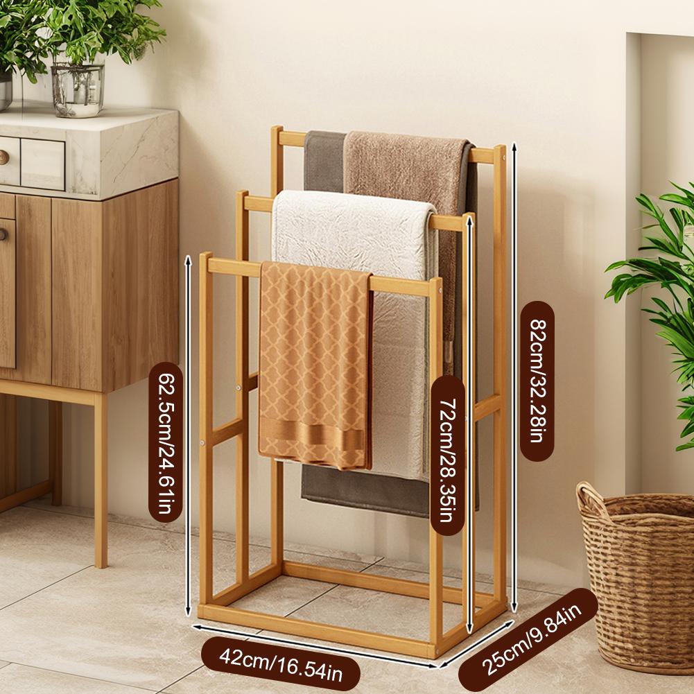 3-Tier Freestanding Towel Rack with 3 Hanging Crossbars Floor Towel Rack Wooden 3-Tier Towel Rack for Bathroom & Hand Towel