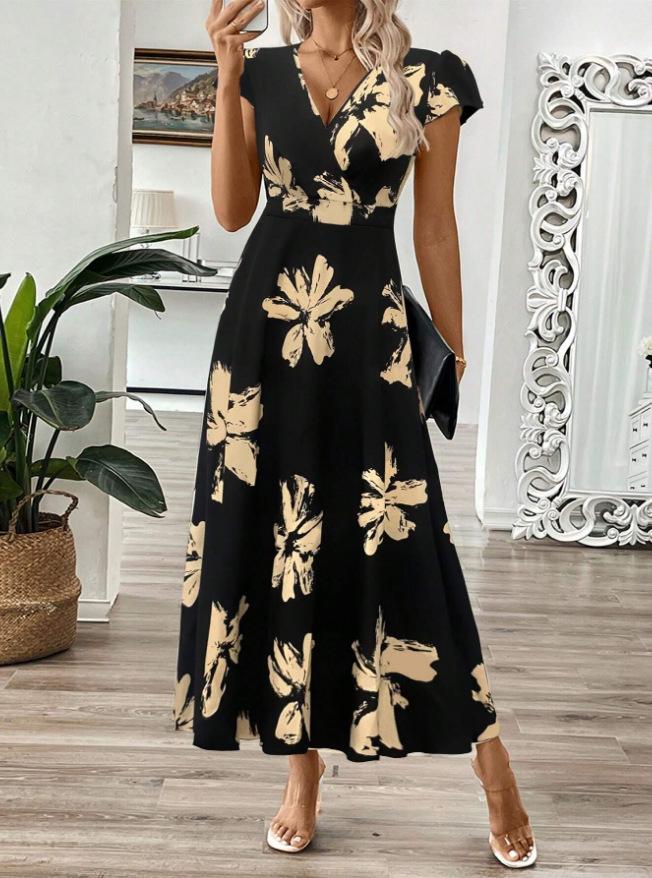 Summer European and American New Women's Clothing Printing V-neck Fashion Printing Temperament Dress Women's Spot