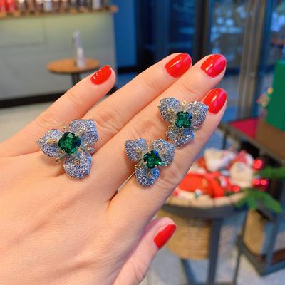 Live Stream Advanced Full Diamond Three-dimensional Simulation Emerald Zircon Ring Red Corundum Three-petaled Flower Zircon Stud Earrings