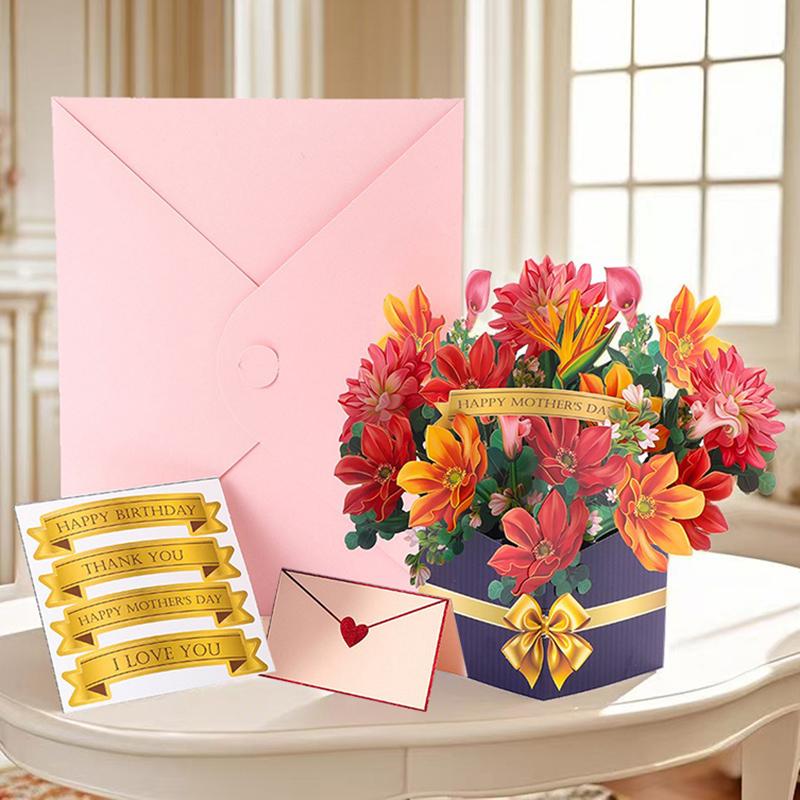 3D Creative Bouquet Gift Card For Mother Father Wife Friends Blessing Card Gift For Mothers Fathers Day Thank You Greeting Cards