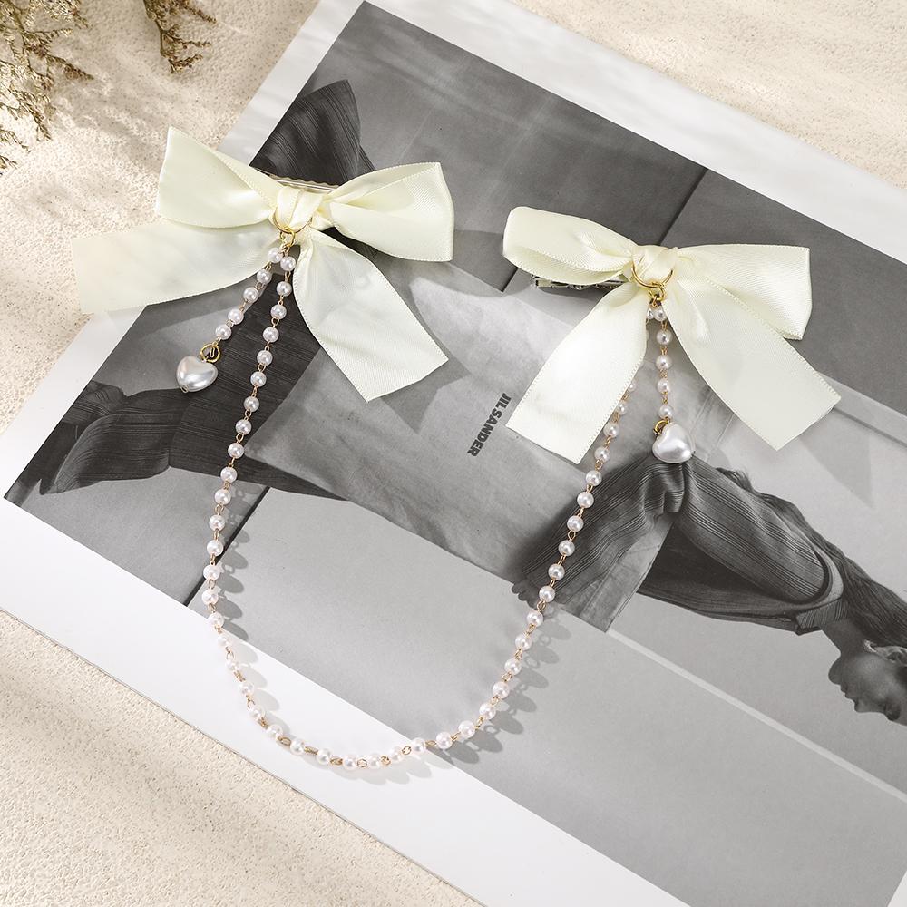Women's Sweet Double Bow Hair Clip Tiaras Pearl Chain Decorative Hairpin Side Clip Girls Party Fashion Hairpin Hair Accessories