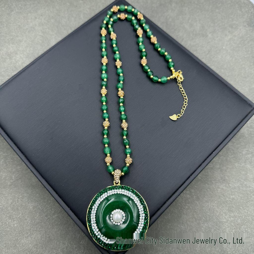 Natural Shoushan Stone Chalcedony & Pearl Necklace with Green Peace Buckle Design