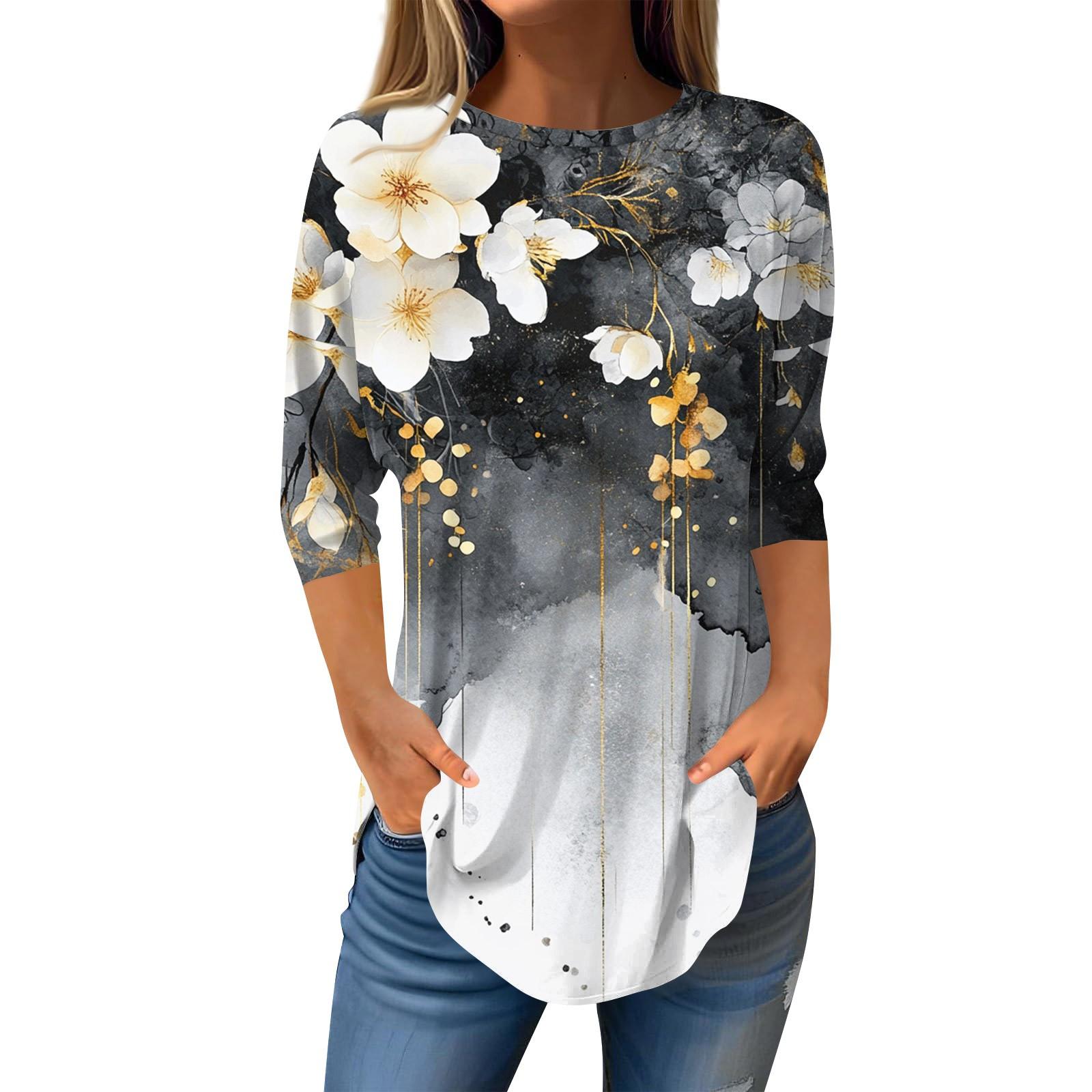 

Рубашки с рукавом 3/4 для женщин, милые топы, футболки с рисунком, блузки, повседневные базовые топы больших размеров, пуловеры L чёрный