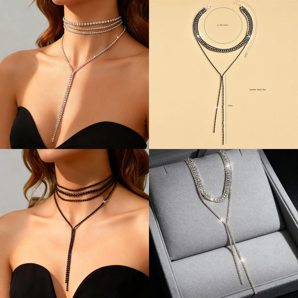 Silver Black Gold Plated Long Necklace With Water Crystals And Geometric Design For Womens Fashion