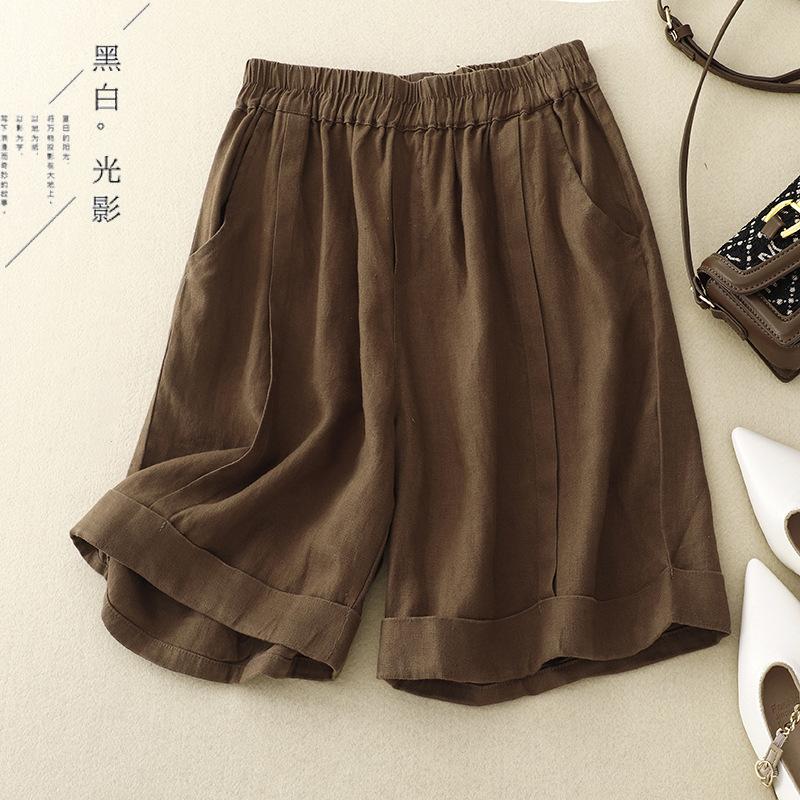 Real Shot Summer New Cotton and Linen Literary Large Size Thin Elastic Waist Loose A-shaped Wide-leg Shorts Women
