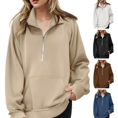 Women Fall Winter Sweatshirt Lapel Zipper Half Placket Long Sleeve Front Pocket Pullover Tops Solid Color Loose Fit Sport Sweatshirt