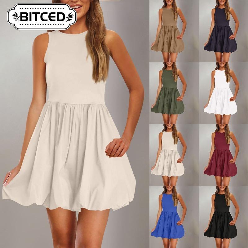 BITCED Women's Fashion Summer Spring Solid Color Print Sleeveless O-Neck Casual Dresses