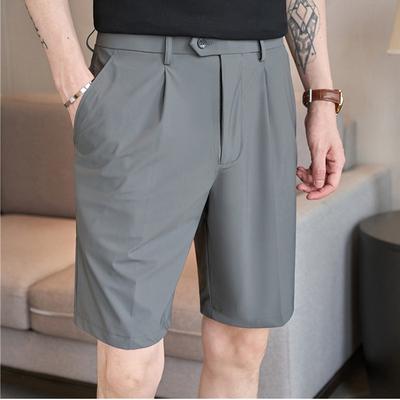 Summer Men's Suit Shorts Straight Fit Stretch Knee-Length Short Pants Solid Ice Silk Lightweight Breathable Casual Shorts Man