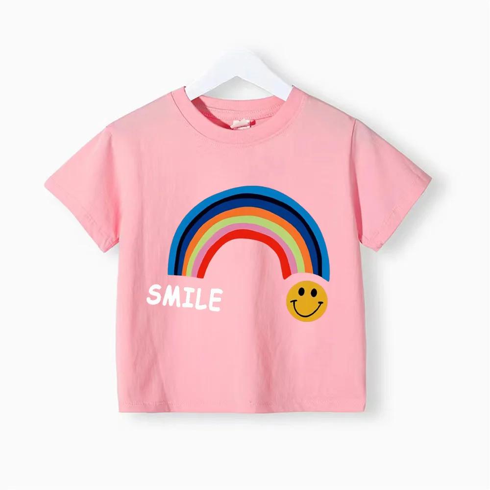 Summer Cotton Children Tshirt Cartoon Rainbow Smile Face Printed Korean Kids Tshirt Boys Girls Comfortable Short Sleeve Tee Top