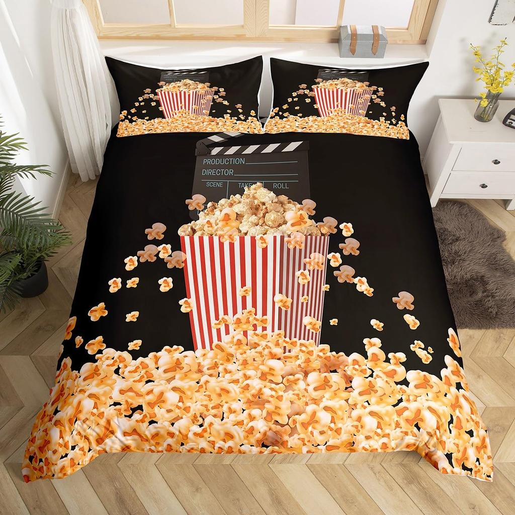 Popcorn Food Bedding Set King Queen Double Movie Theater Theme Duvet Cover Filmstrip Polyester Comforter Cover Blue Quilt Cover