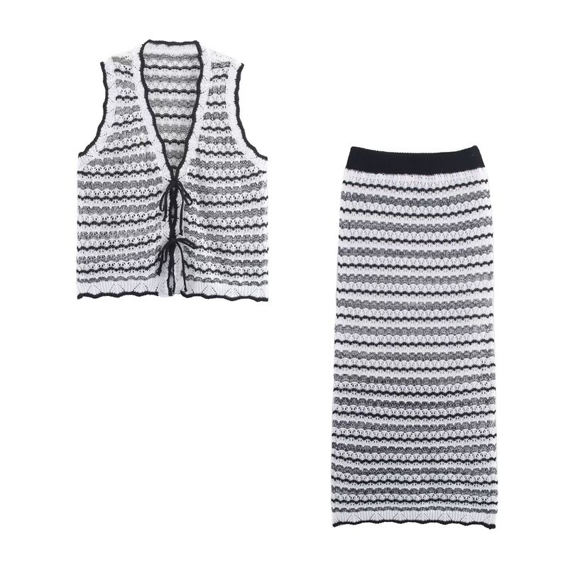 Kaslead New Women Clothes Western Style Fashion Simple Lace-up Knitted Sleeveless Top Skirt Set