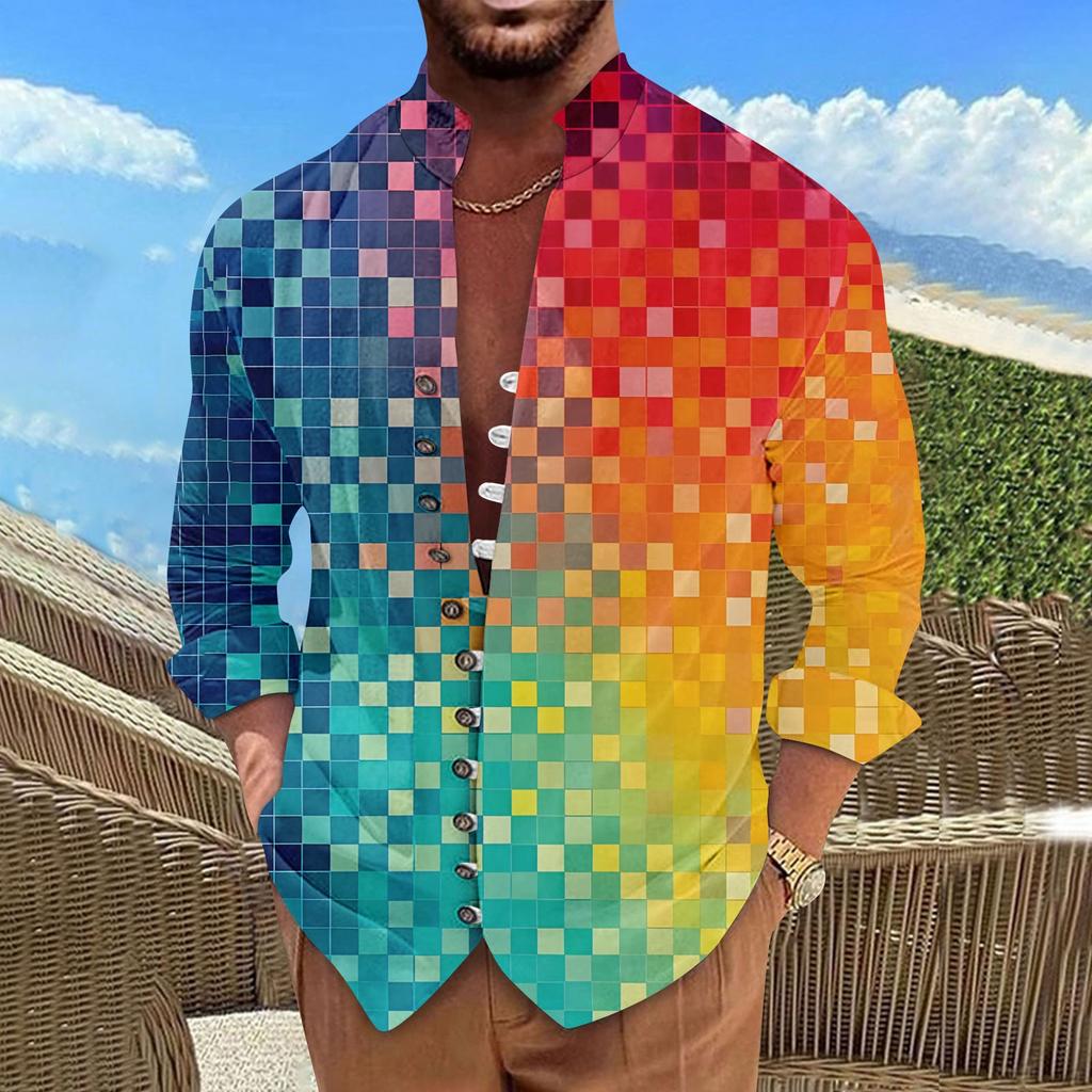 Men'S Retro Casual Loose Fitting Long Sleeved Printed Shirt Fashion Standing Collar Top