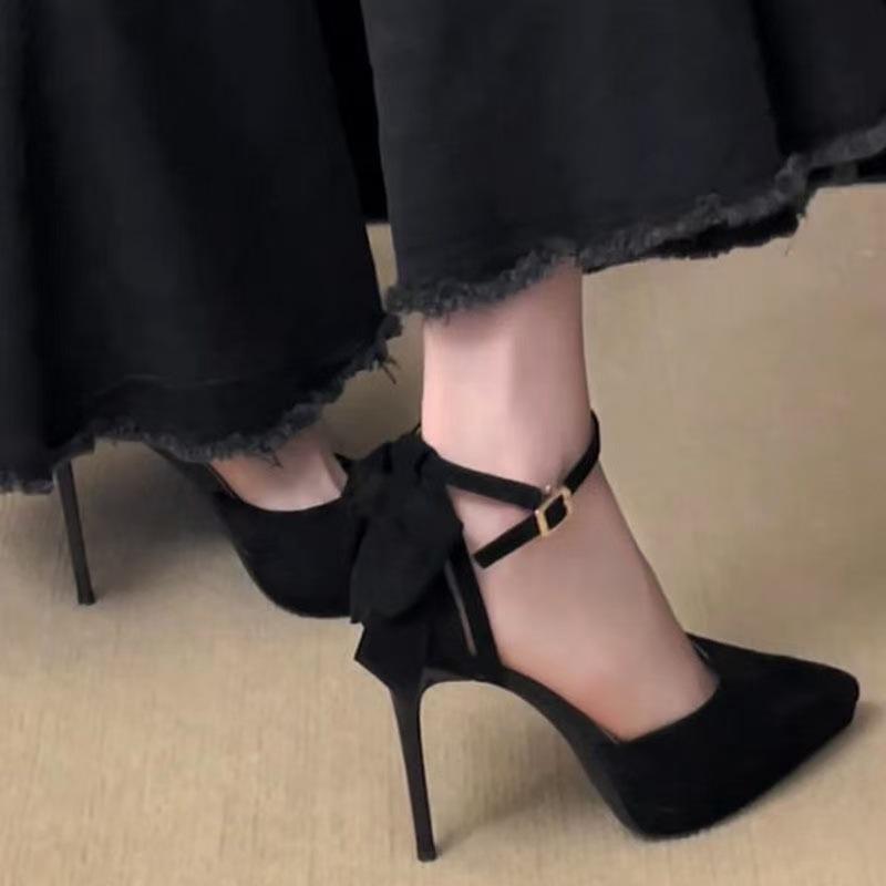 12Cm thin heel waterproof table one-word buckle with fashion adult gift high heels bow high heels pointed sandals women