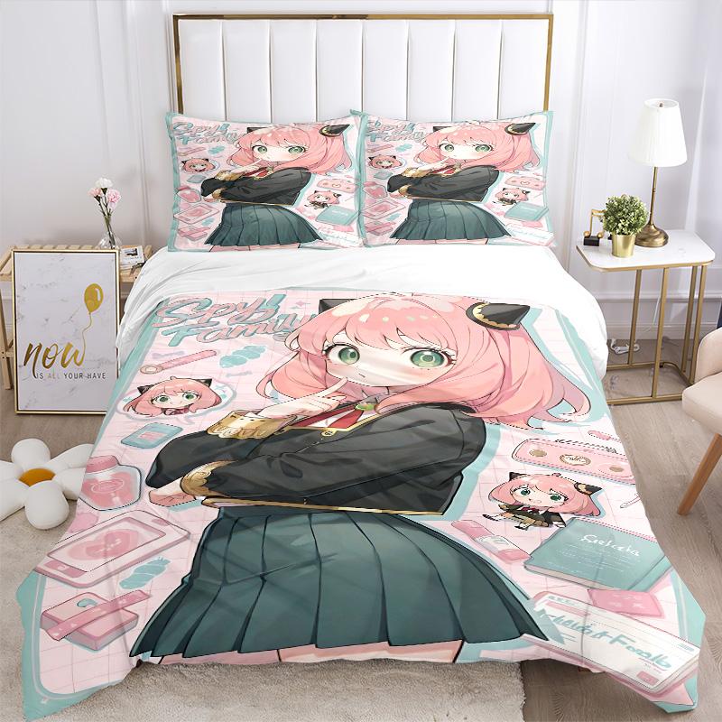Pink Hair Girl Cat Ears Print 3Pcs Bedding Setduvet Cover With 2 Bedropillowcase Home Birthday Gift
