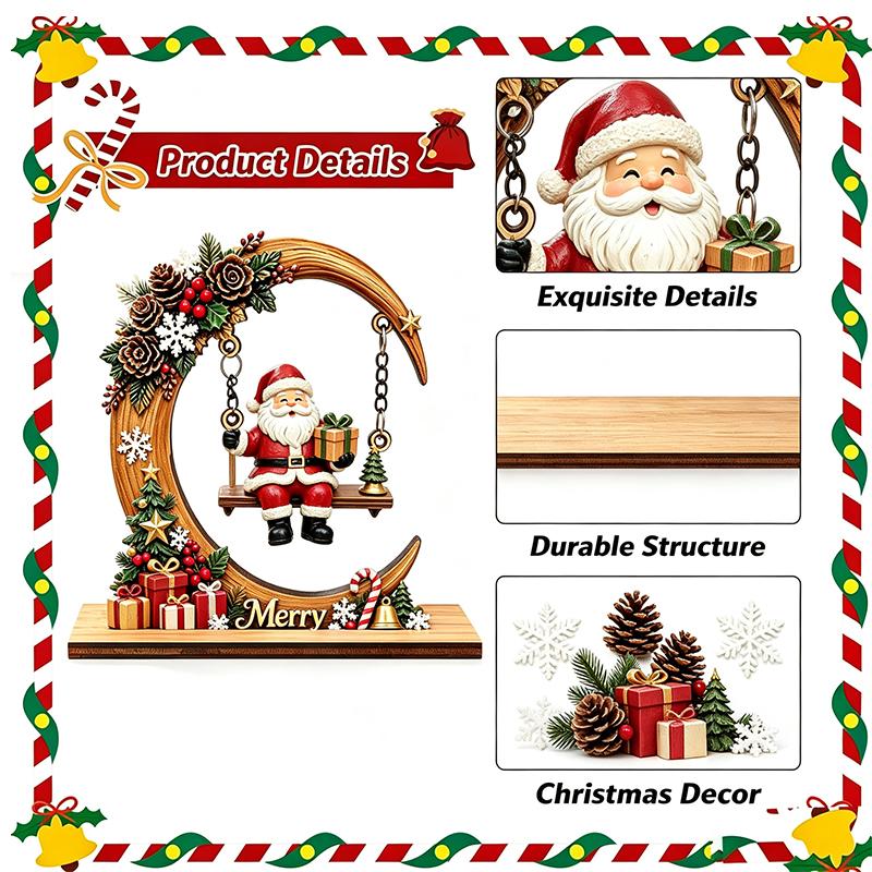Wooden Christmas Santa Claus Swing Ornament With Moon Framed And Festive Details Perfect For Home Tabletop Xmas Decor