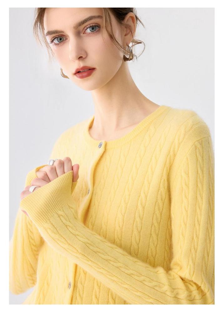 Lekasha Cashmere 12-Gauge Cable Knit Round Neck Cardigan Sweater Coat