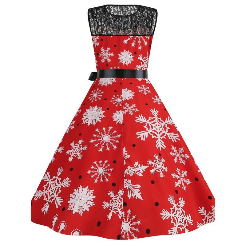 Fashion Round Neck Lace Patchwork Christmas Gingham Mid Length Long Length Sleeveless Dress Side Zipper Belt Dress for Women