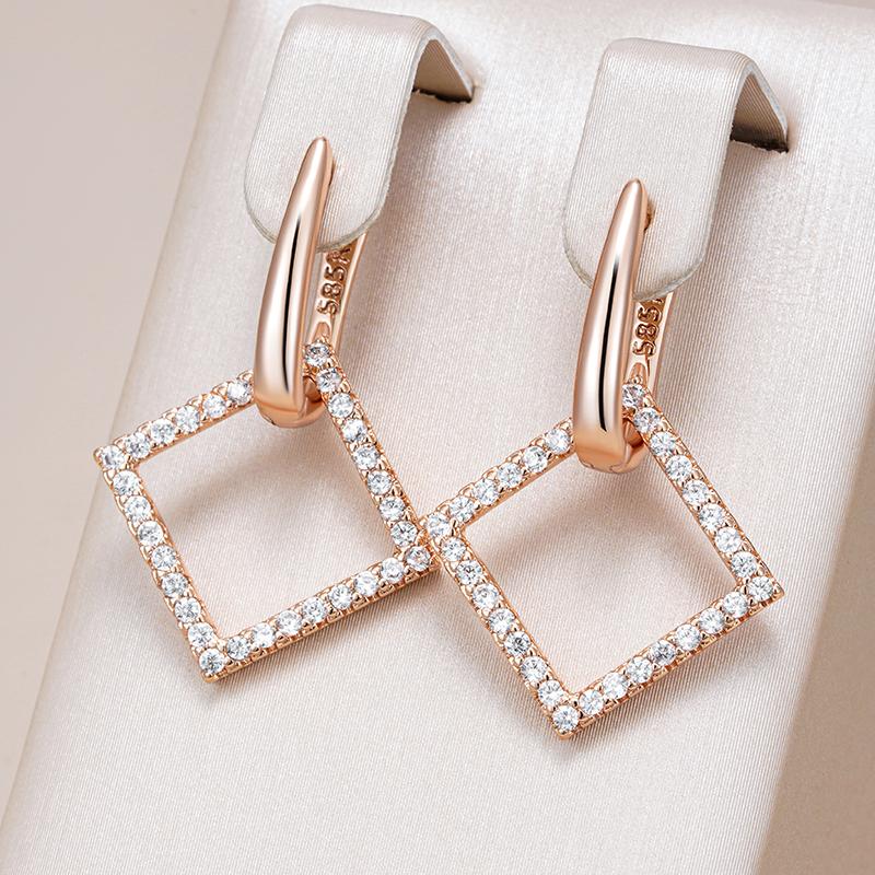 Geometric Rhombus Full Natural Zircon Hoop Earrings For Women  Rose Gold Color Daily Fine Elegant Female Jewelry