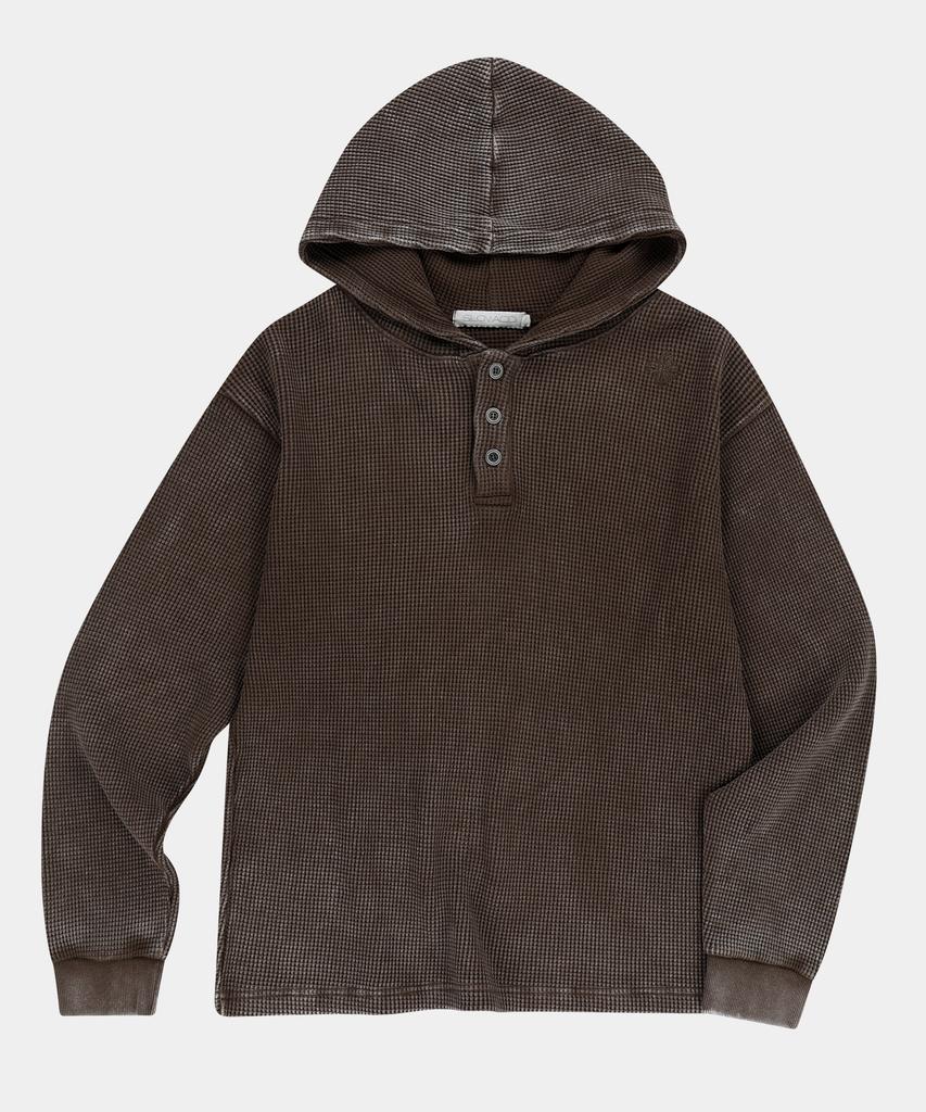 Waffle Henley Neck Hooded Long Sleeve [Brown]