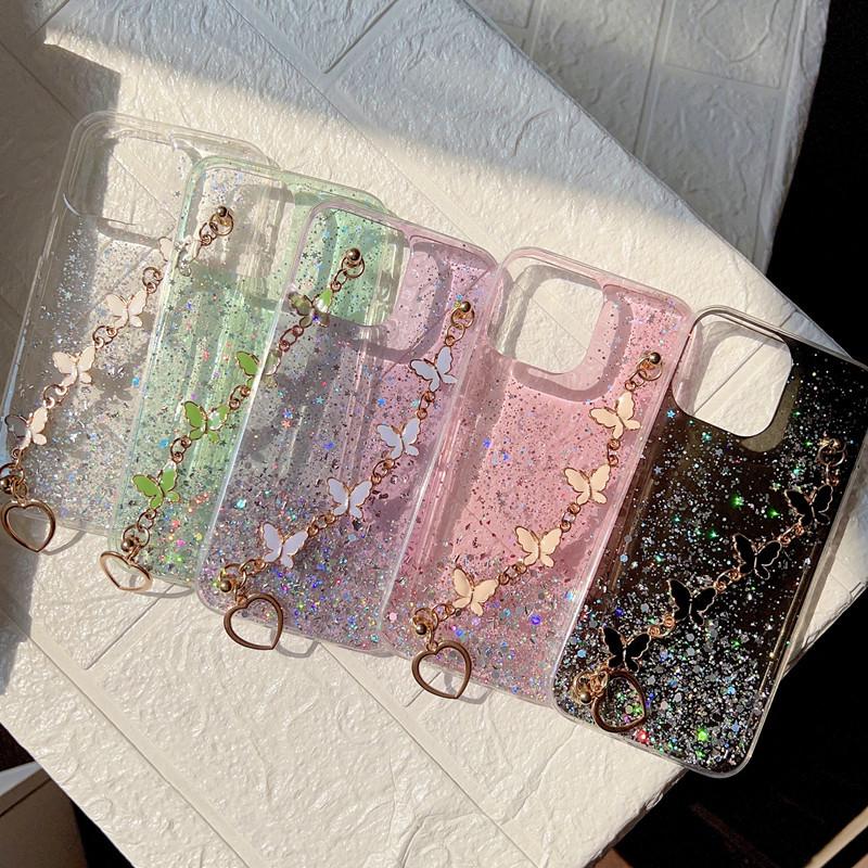 Compatible iPhone 16 Pro Max Transparent Resin Glitter Phone Case with Bowknot and Bracelet